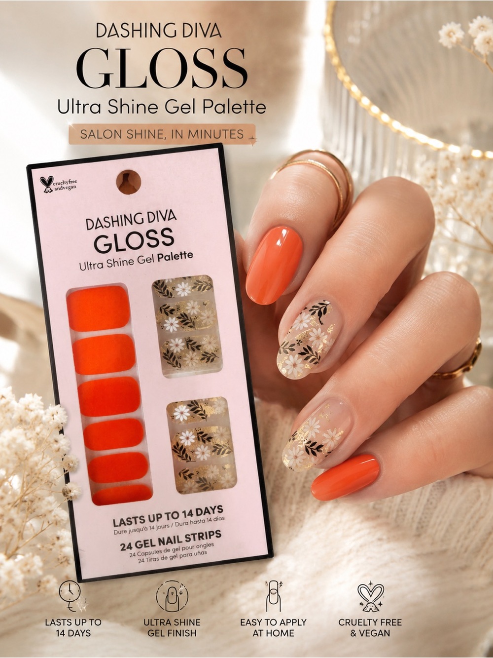Gloss Ultra Shine Gel Nail Strips - Orange & Gold Floral